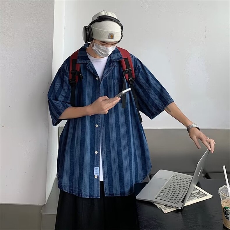 牛仔衬衫男韩版潮流条纹撞色高街帅2026夏季ins短袖外套CY214-P60,男装衬衫,星座412