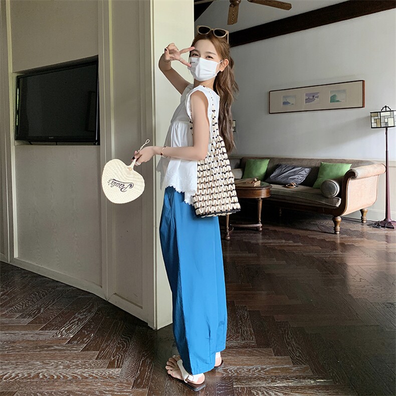 设计感蓝色阔腿裤子套装女2025夏季新款减龄飞飞袖上衣长裤两件套,女装套装/套裙,2C129