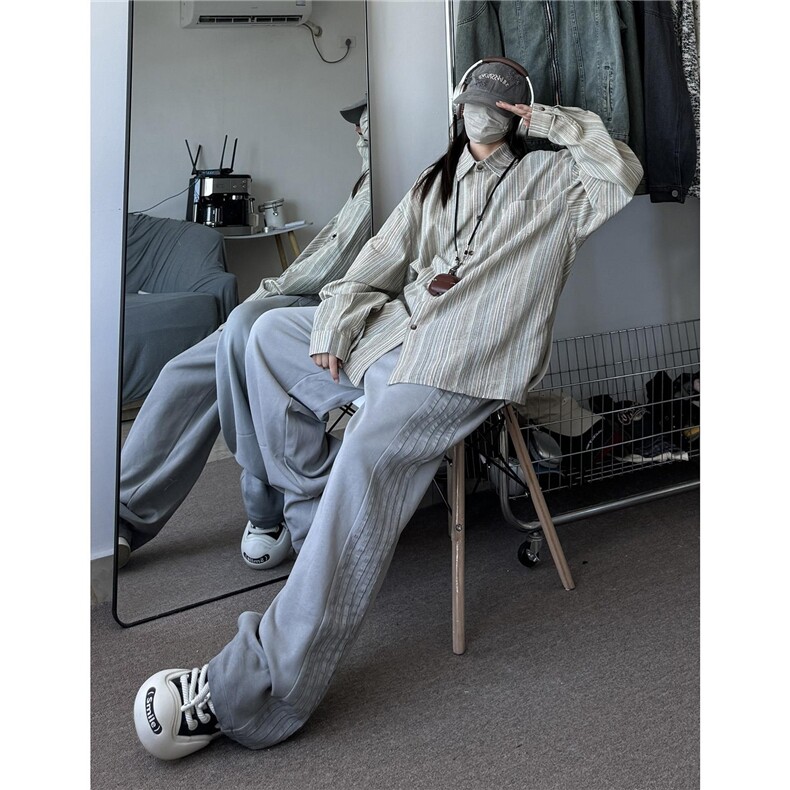 日系复古条纹衬衫男春秋长袖慵懒风衬衣宽松上衣ins潮情侣C07/P45,男装衬衫,星座206（原A221）