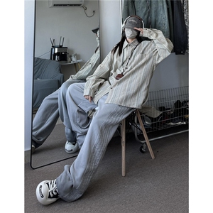 日系复古条纹衬衫男春秋长袖慵懒风衬衣宽松上衣ins潮情侣C07/P45图片