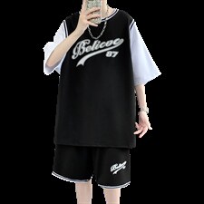 纯棉夏季短袖T恤套装青少年宽松潮流篮球服两件套男装F312P60控89，男装T恤，电商A086