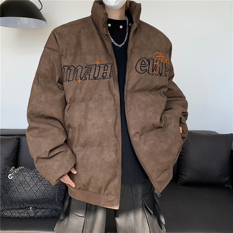 复古嘻哈PU皮加厚棉服男女oversize外套情侣宽松棉衣上衣M8030,男装棉衣,星座506