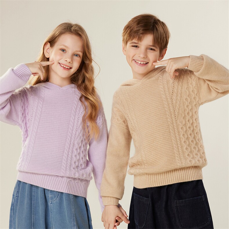 童装新款儿童羊绒衫七针扭花连帽衫纯色男女针织舒适儿童毛衣，童装儿童羊绒衫，跳跳羊儿童羊绒衫