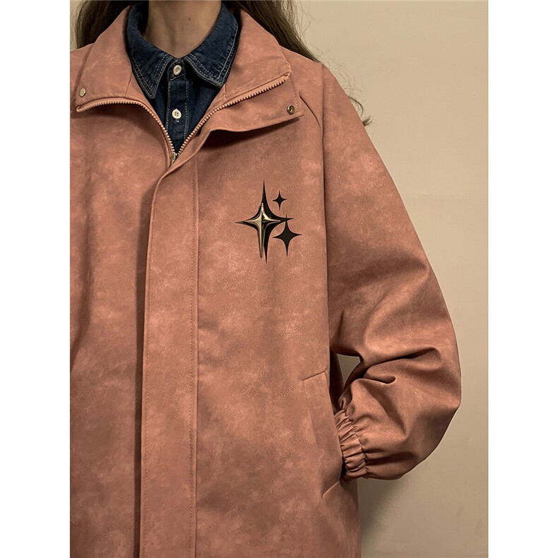 1中性风PU皮复古做旧可拆卸四芒星胸针设计夹克男JK77757P90控128，女装短外套，星座226-2