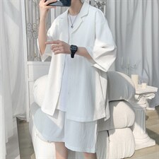 TZ62627/P55弹力短袖衬衣套装男港风夏款港风衬衫短裤两件套控88，男装休闲套装，电商A141