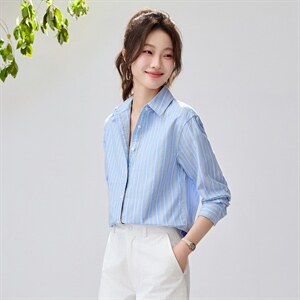 2026春夏新款黄蓝条纹衬衫女宽松显瘦元气少女感衬衣韩系清爽竖条，女装衬衫，艾米