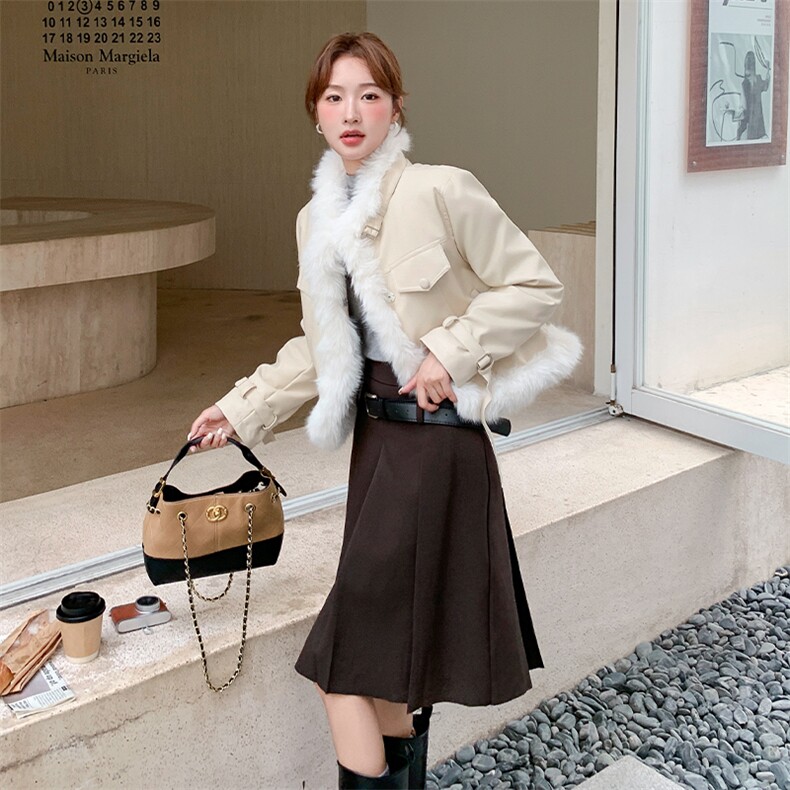 新品米白色毛毛拼接羽绒内胆皮外套2c309-1015-p295-k408,女装羽绒服,2C309
