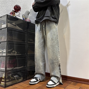 k1068-p55-控78 M-5XL 现货拉链宽松牛仔裤港风高阶黑暗牛仔图片