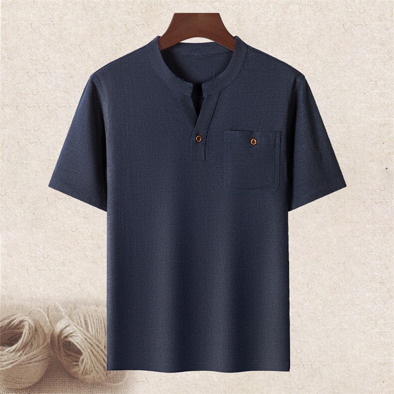 主推风亚麻短袖男大码V领唐装中老年棉麻T恤爸爸夏装短袖，男装T恤，钱塘723