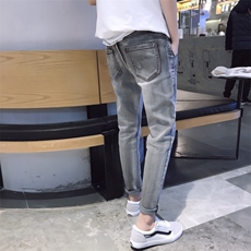 秋季港风牛仔裤男韩版潮流九分裤修身小脚裤黑色9分裤子男，男装牛仔裤，星座509