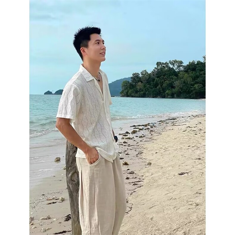 无品牌时尚潮流慵懒新款ins老钱风古巴领镂空针织短袖衬衫男原宿,男装T恤,星座506A