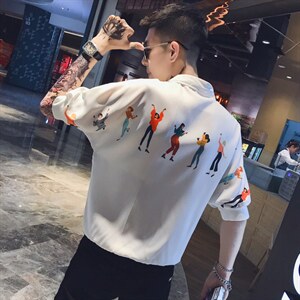 2026夏 跳舞图案蝙蝠袖宽松套头五分袖衬衣男C053/P55控78图片