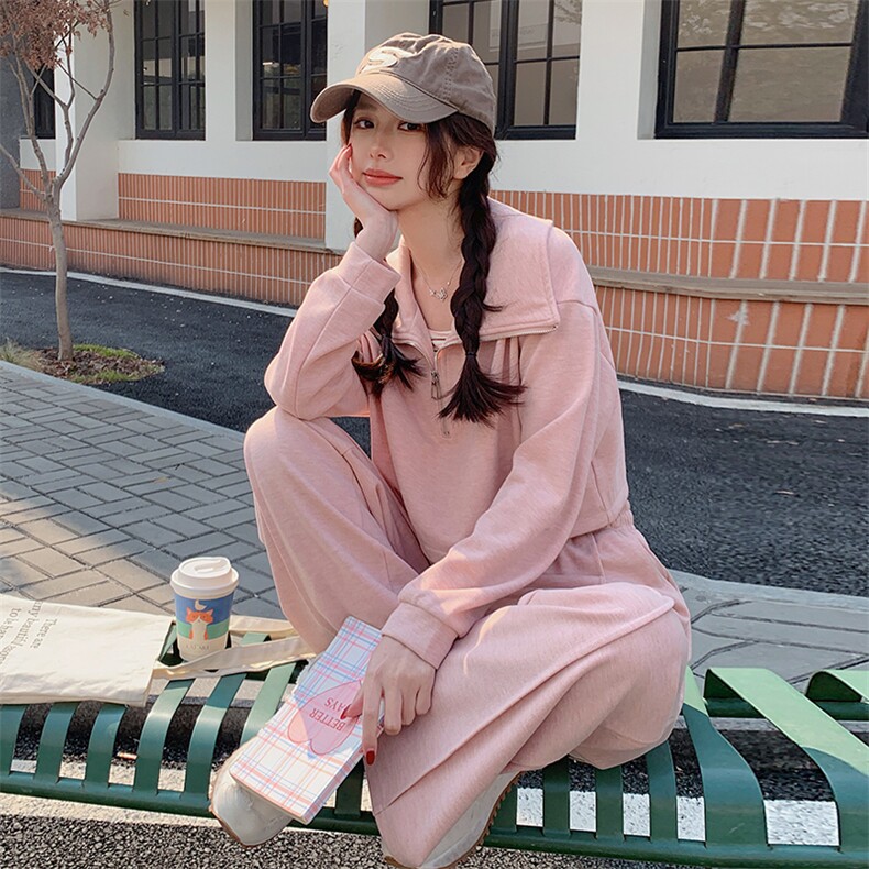 （现货）时尚休闲套装女宽松显瘦翻领卫衣背心阔腿裤三件套潮图片