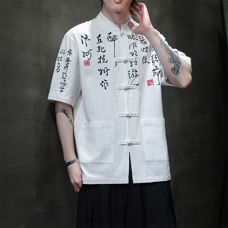 2026夏季新款复古书法刺绣新中式风短袖衬衫T恤T2881-P65图片
