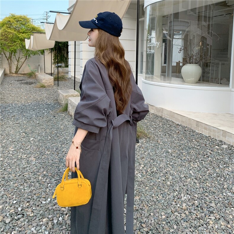韩系复古长款系带灰色风衣外套女春秋2025新款爆款高级感超火大衣,女装风衣,2C016