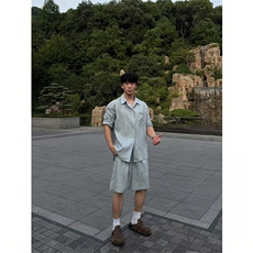 夏季松弛感老钱风长袖衬衫套装天丝亚麻休闲宽松短裤TZ089-P85，男装衬衫，星座1004-3