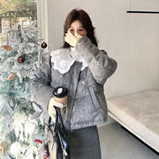 韩系chic灰色短款娃娃领羽绒服女冬超火好看高级小众加厚保暖外套，女装羽绒服，红龙果