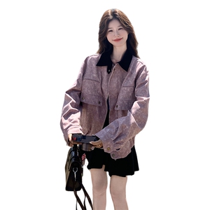 撞色翻领休闲皮粉色短外套女春秋2025新款小个子夹克上衣流行爆款图片