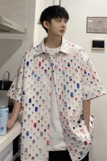 特批48无差价2024夏季彩色破洞格子短袖衬衫男大码上衣CD848短袖，男装衬衫，电商A001-1