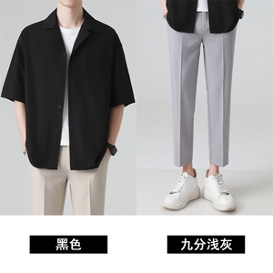 轻熟风两件套西装长裤男九分裤宽松韩版港风休闲裤短袖衬衫套装潮图片