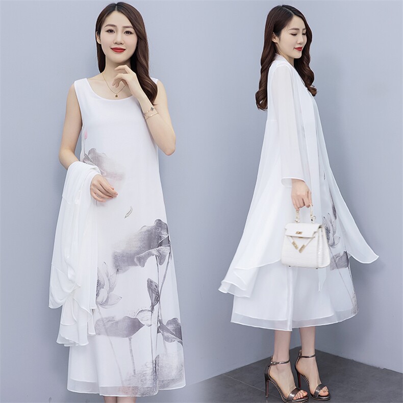 夏季新款文艺古典复古民族风宽松印花无袖长款套头背心连衣裙女装，女装连衣裙，秀美人生