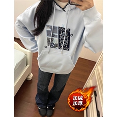 美式高街蓝色刺绣贴布连帽卫衣女秋冬设计感小众潮牌外套，女装短外套，四季星座505