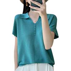 翻领冰丝针织短袖T恤女2025新款加肥大码女装夏季短款显瘦V领上衣，女装针织衫/毛衣，大美人包芯纱店