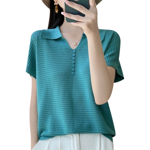 翻领冰丝针织短袖T恤女2025新款加肥大码女装夏季短款显瘦V领上衣图片
