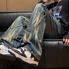 新款日系水洗牛仔裤男春秋季宽松直筒裤拉链阔腿裤N01041-P45，男装牛仔裤，星座308B-1