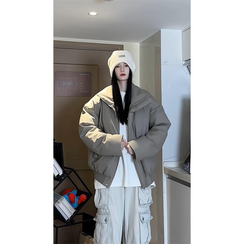 现货冬季三防重磅硬挺boxy短款羽绒刺绣立领PU皮棉衣外套加厚棉服，男装棉衣，电商A486-1