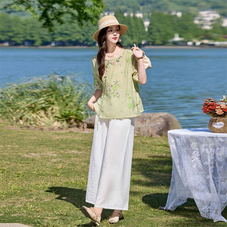 时尚洋气刺绣印花套装女2026夏季新款宽松遮肉显瘦阔腿裤两件套,女装套装/套裙,魅影