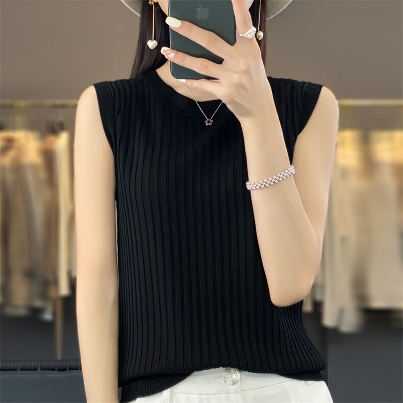 天丝背心女夏季新款圆领坑条薄款外穿配西装冰丝针织内搭宽肩吊带，女装背心吊带，大美人包芯纱店