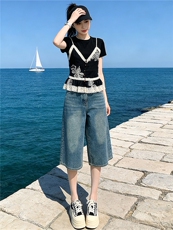 高级感时尚休闲套装夏圆领刺绣蕾丝拼接假两件上衣牛仔中裤两件套，女装套装/套裙，江南