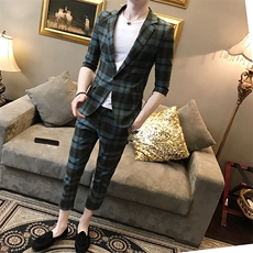 夏季新款社会小伙大格子中袖小西服西裤西装套装A328-1922-P135，男装西服套装，星座406