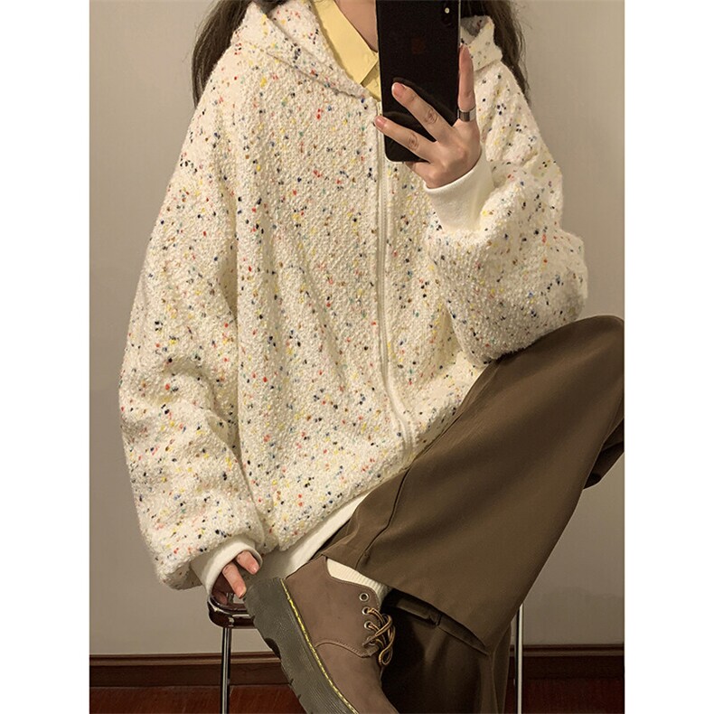 韩系随性自在宽松外套彩点潮流设计新款连帽开衫卫衣HY629P75,女装短外套,电商A102B