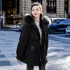 棉衣/棉服2021新款冬兔毛中长款抽绳收腰工装带帽派克服女外套，女装派克服，瑶迪依秀