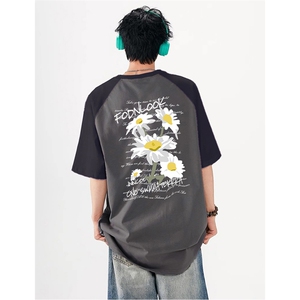 抖音得物供货240克宽松纯棉美式潮牌印花插肩袖拼接短袖T恤AT1512图片