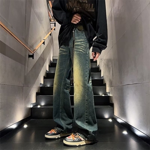 美式高街vibe做旧黄泥染水洗牛仔裤男潮ins直筒微喇cleanfit裤子图片