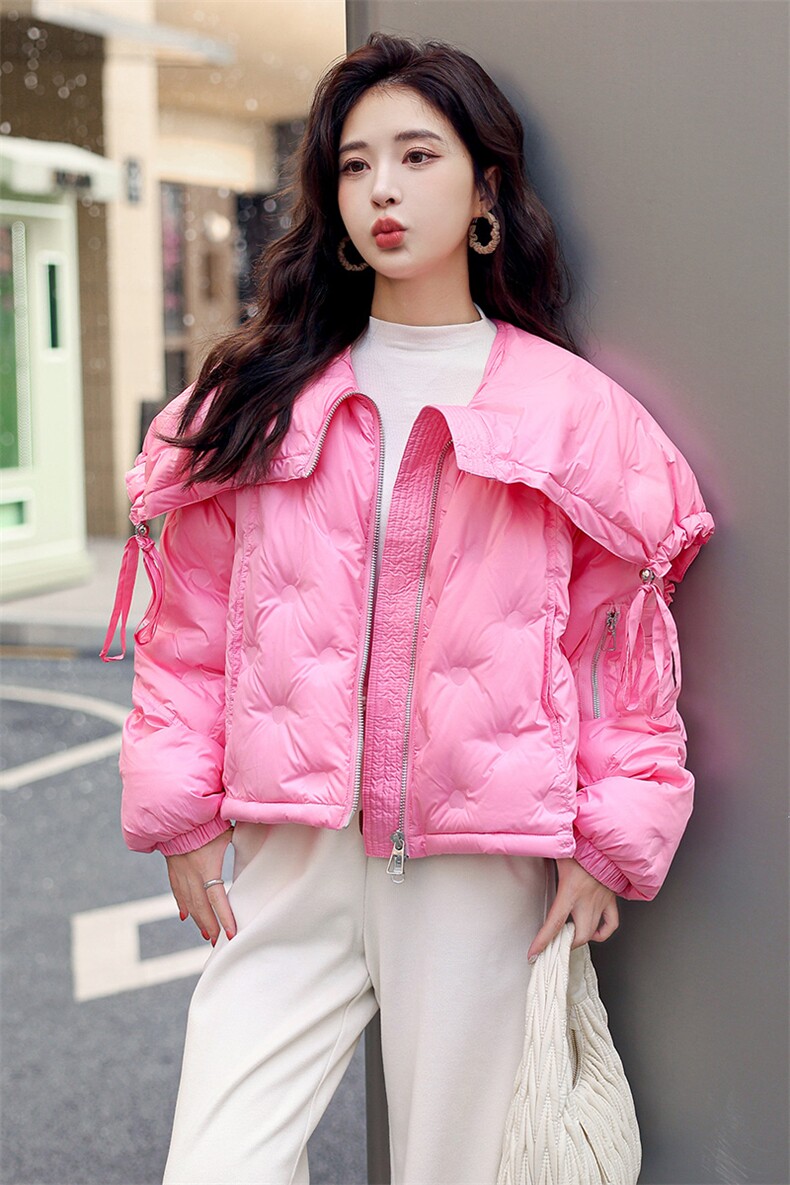 欧货圈圈压花大翻领轻薄羽绒服女2024冬季新款高级感保暖羽绒外套,女装羽绒服,韩蜜菓