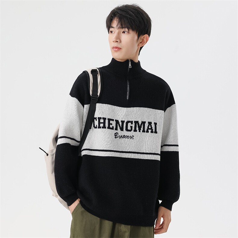 311B-1-3949-P53控98港风半拉链字母提花春色大码针织毛衣，男装针织衫/毛衣，星座311B-1