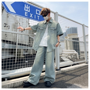 韩系小众短袖牛仔衬衫套装男夏季宽松休闲潮牌衬衣外套TZ019-P105