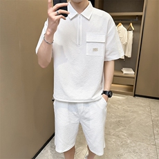2025夏季店主风时尚休闲百搭绣标短袖华夫格套装两件套TZ303-P85，男装T恤，电商A413