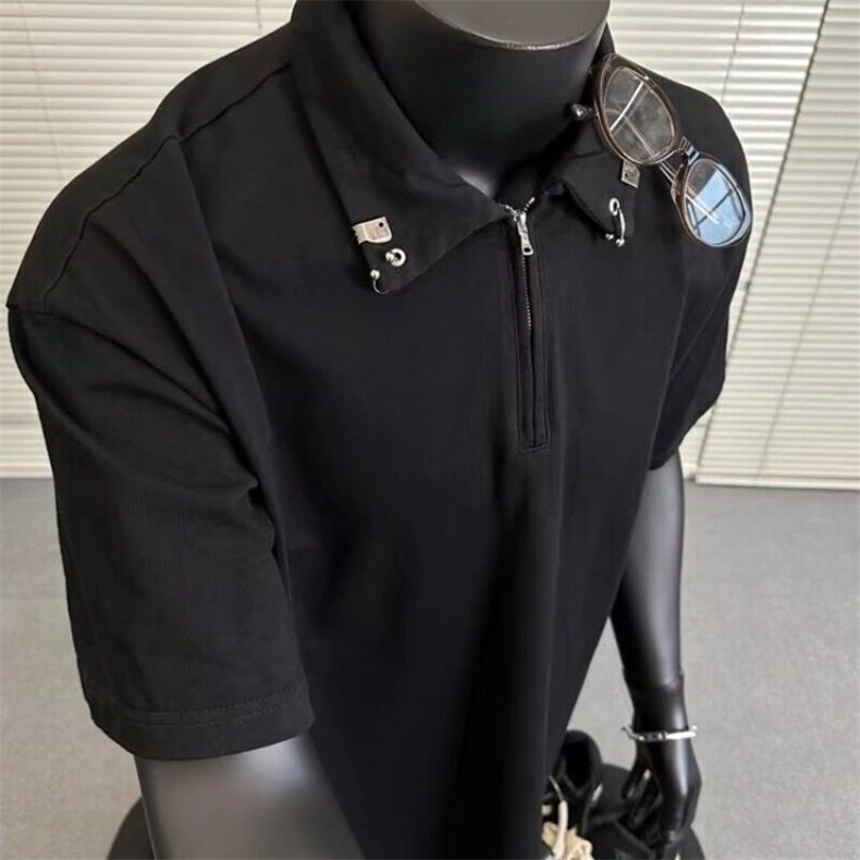 夏季半拉链短袖t恤男士日系ins复古潮牌宽松百搭五分袖休闲polo衫图片