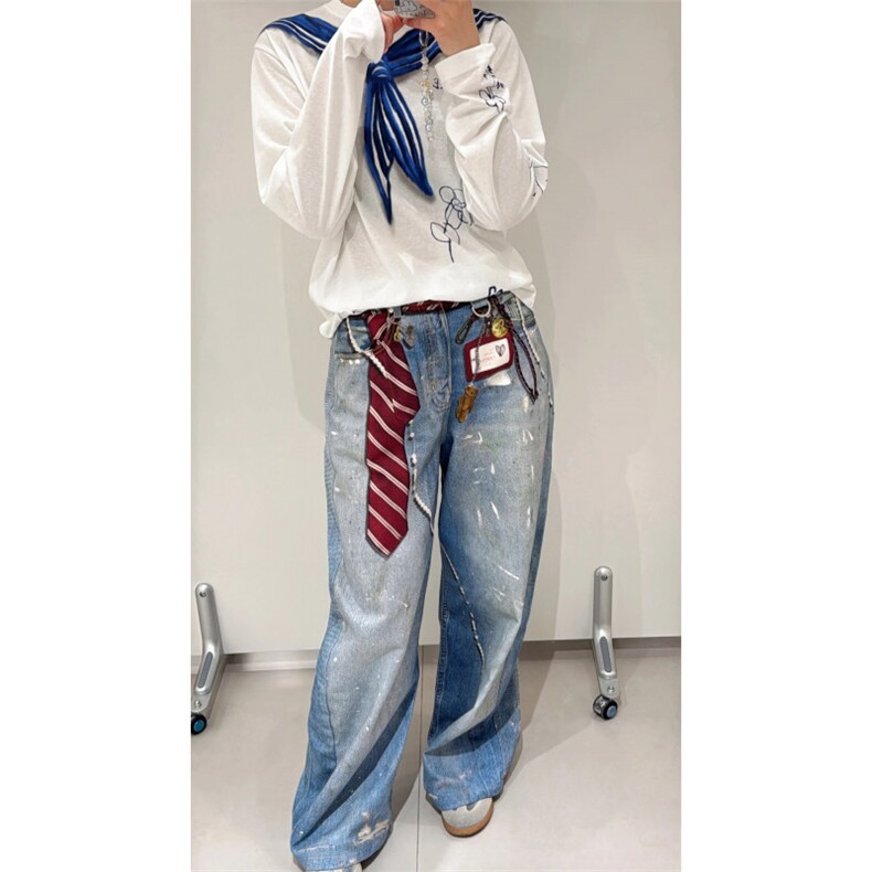 【现货】美食阔腿牛仔裤男女潮红色条纹领带珍珠 P63 YQ61图片