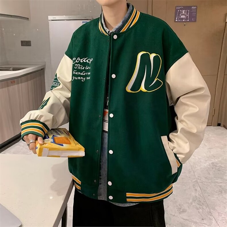 男秋季外套潮牌街头毛呢拼皮棒球服夹克Z901P55图片