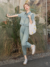 夏季时尚牛仔套装女2025年新款休闲穿搭欧货时髦洋气九分裤两件套，女装套装/套裙，意芙