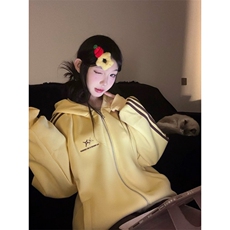 黄色拉链连帽卫衣男女2026春秋季新款宽松慵懒风开衫外套F1409，女装短外套，星座601-1