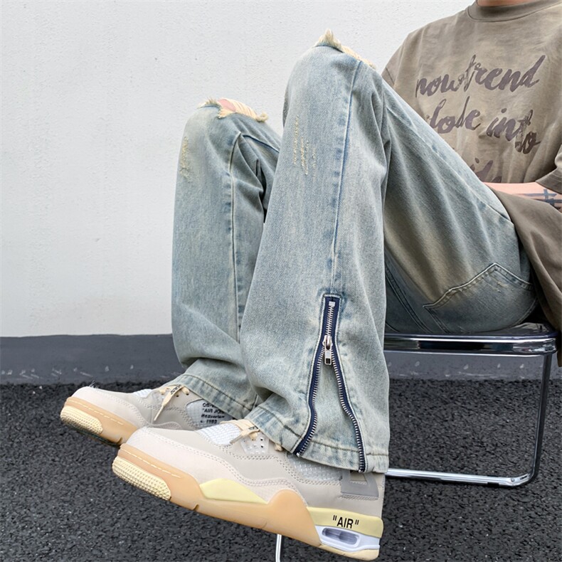 B221美式ins高街暗黑小众拉链破洞牛仔裤LK23076-P65控88,男装牛仔裤,电商B221