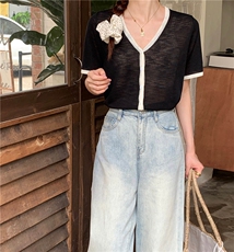 夏季新款简约V领短袖针织衫女宽松休闲百搭上衣，女装针织衫/毛衣，伟祺羊绒