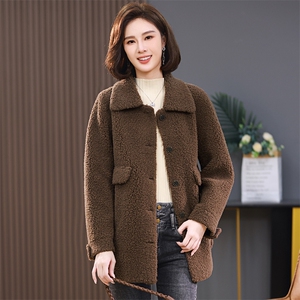 外套女2025秋冬季新款颗粒绒宽松大码中年妈妈羊羔毛大衣皮毛一体，女装羊羔毛/颗粒绒，伊满意
